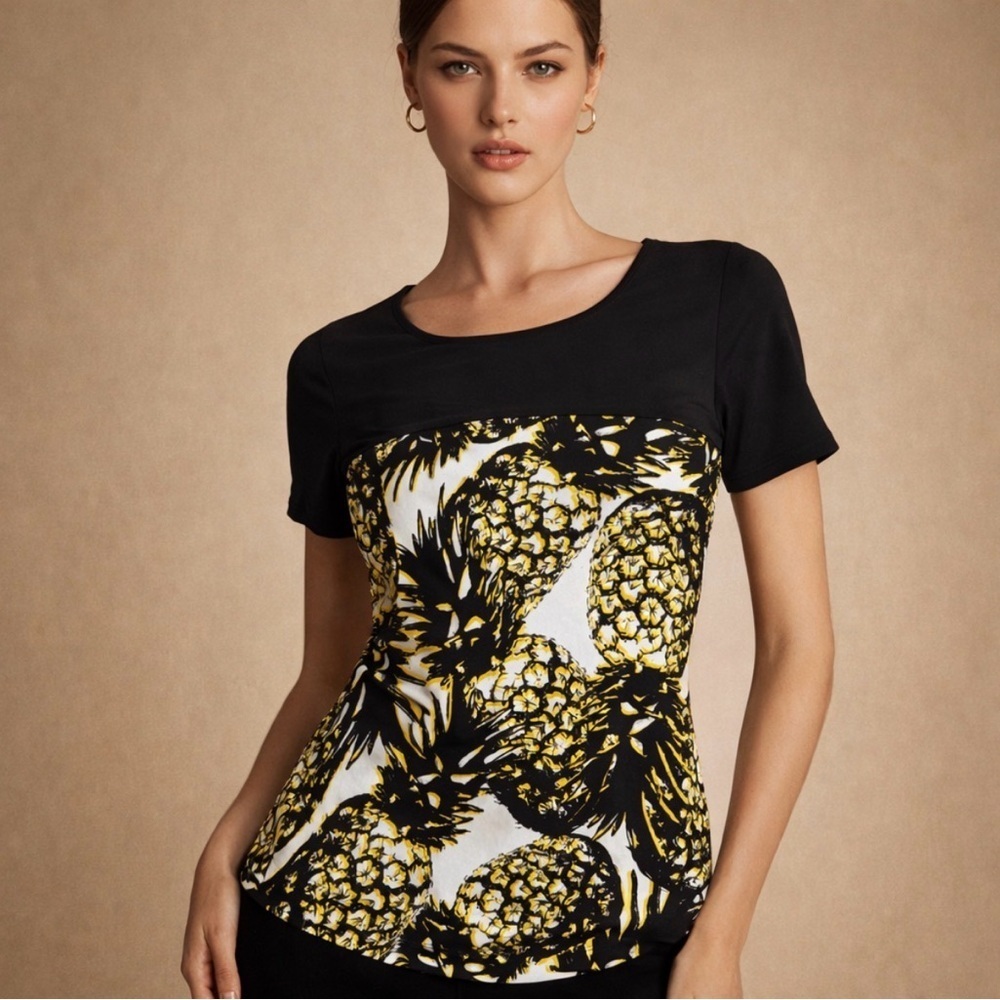 Worthington Black and Yellow Pineapple Print Women's Top Graphic Short Sleeve S